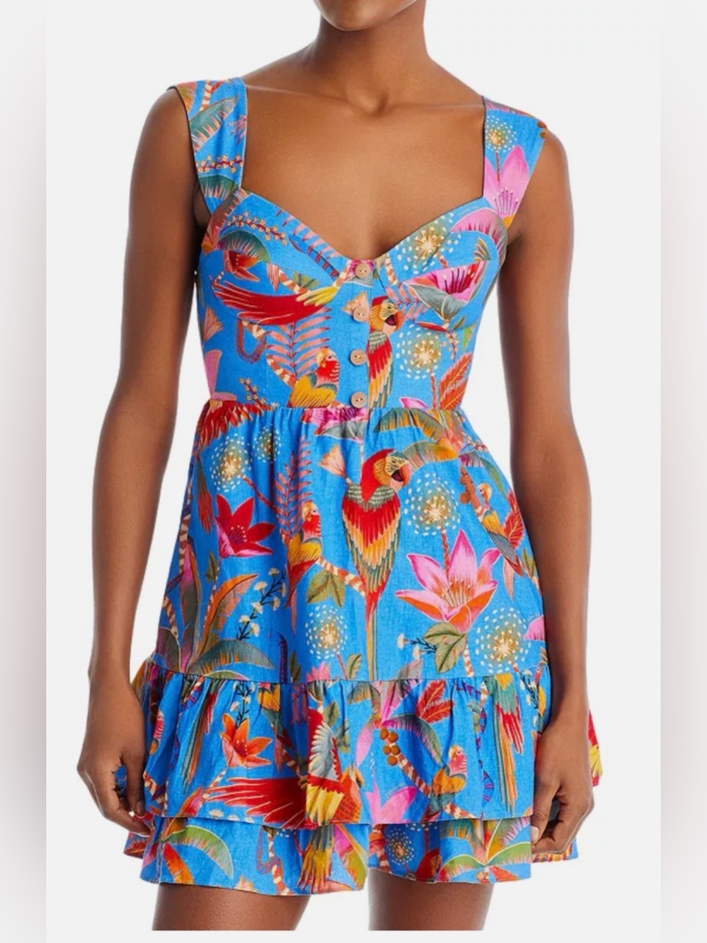 FARM Rio Tropical Bird Floral Mini Dress Blue Multicolor Size S